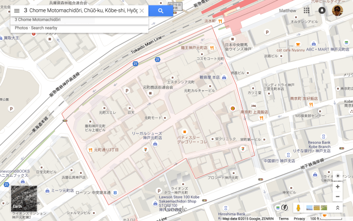 Motomachidori 1-Chome (元町通１丁目).  100 ft scale.  Short Block Index ~22 (visible here: 35 three-way and 26 four-way intersections.  Four hotels and three konbini on this map: 7-11 in lower-left, Family Mart on west side of 1-Chome, and a Lawson about one block NW of the Family Mart (it only shows up at 20 ft scale).  Google Maps indicates only a couple shops in the Motomachi, but in fact, the arcade is lined with hundreds of shops.