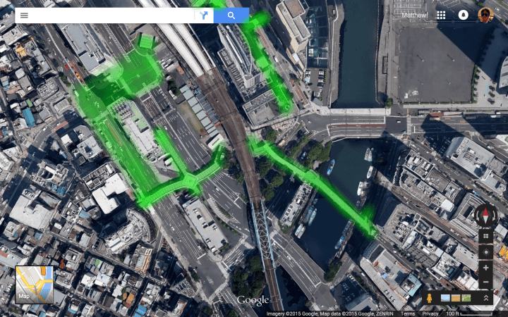 Satellite view of the same area, with skyway level sidewalks in green.